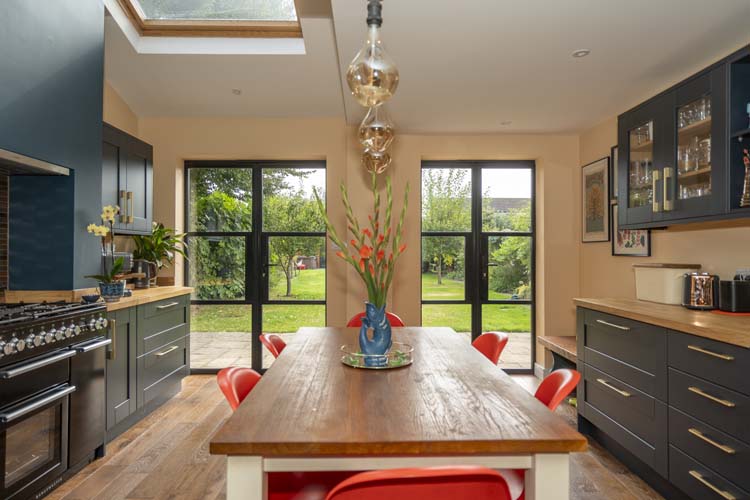 Black Art Deco Steel-look French Doors Add Industrial Vibe to Retro Kitchen Renovation, Winnersh, Berkshire