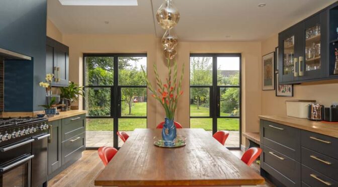 Black Art Deco French Doors Adds Industrial Vibe to Retro Kitchen Renovation, Winnersh