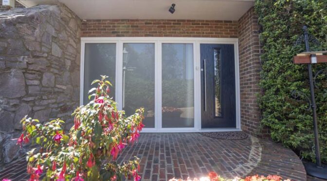 Contemporary Steel Blue Composite Front Door with White Frame and Three Sidelights, Headley, Thatcham